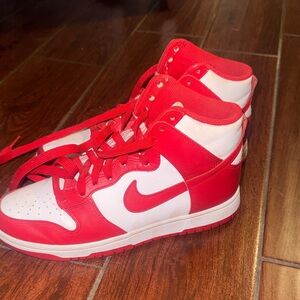 Nike Red and White Mid-Top Sneakers with Swoosh
